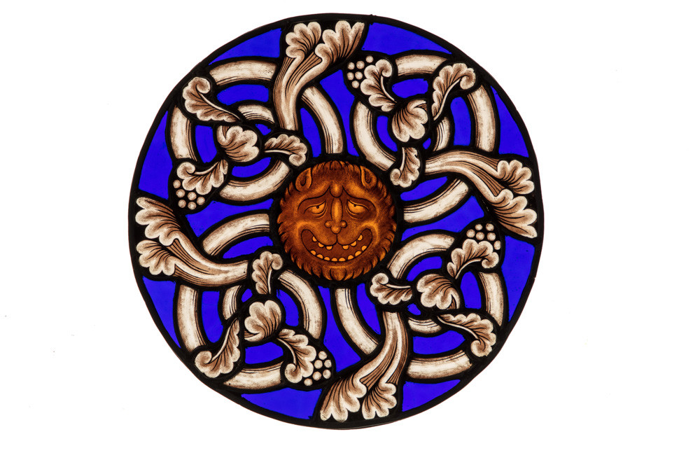 Jingshi - Lion surrounded with grape vine motif / Image © Jingshi
Stained glass panel, metal oxide, silver stain on antique cathedral glass, soldered with lead